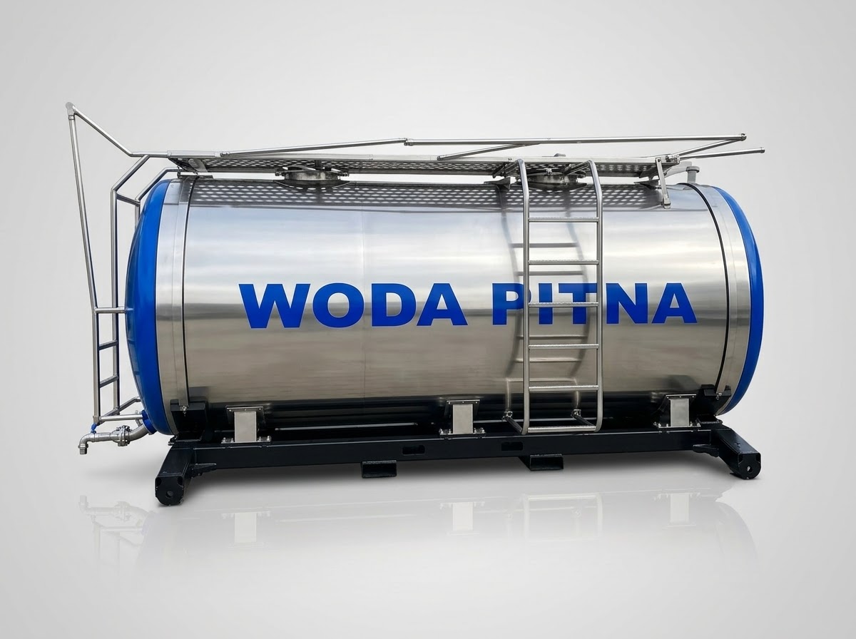 Mobilna cysterna wody pitnej 5000 L ze stali nierdzewnej na ramie podhakowej KP-7